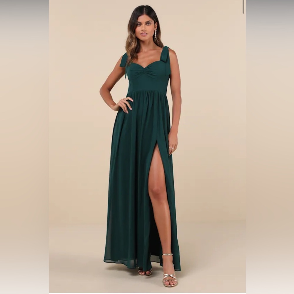 NWT Lulus Radiant Charisma Emerald Chiffon Ruched Tie-Strap Maxi Dress